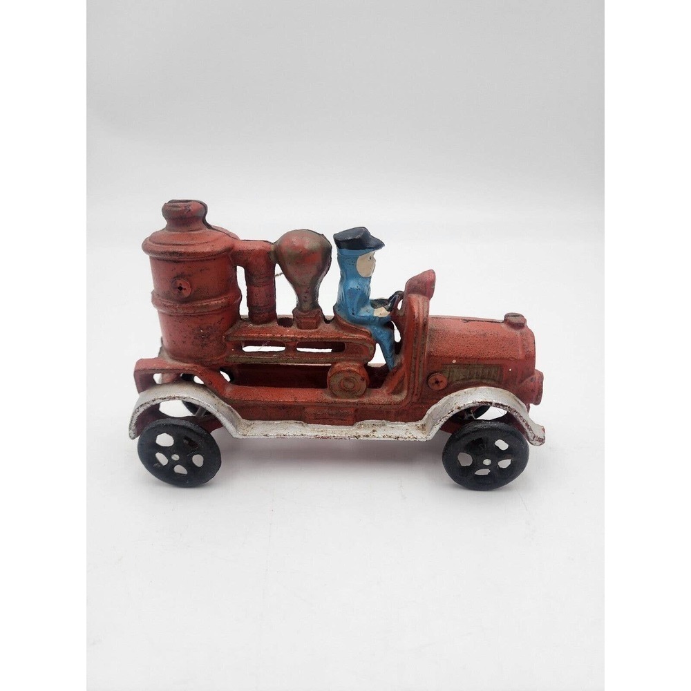 VTG Metal Cast Iron Toy Red Fire Engine Pumper Truck Conductor Toy Collectible